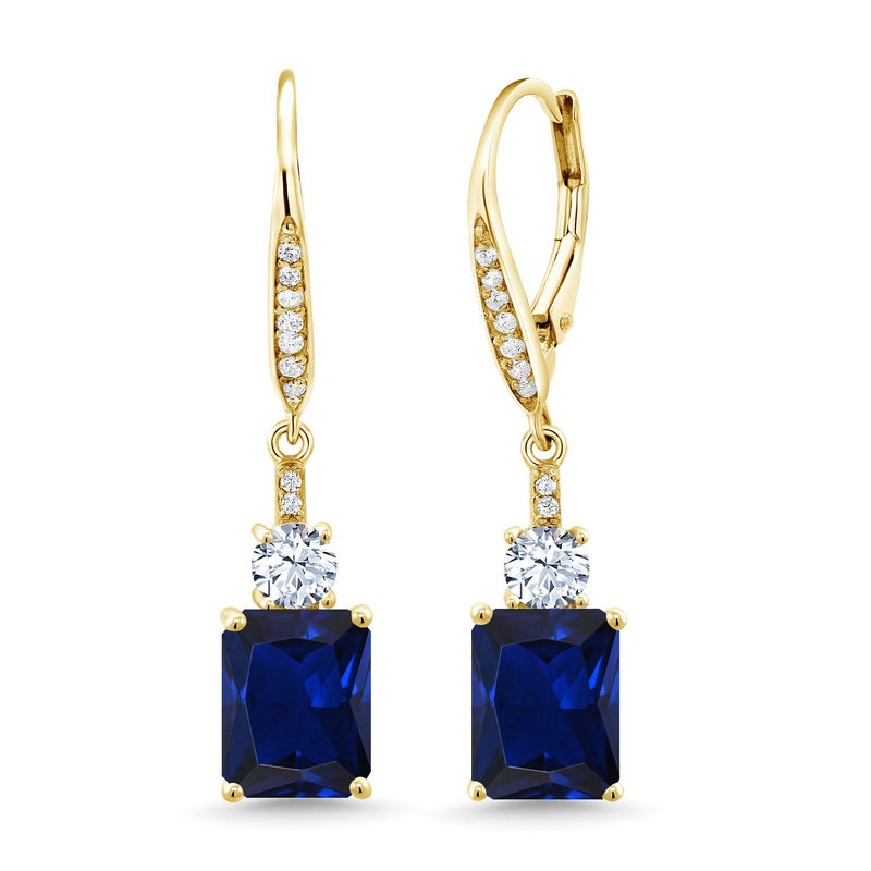 Gem Stone King 4-5 Cttw Leverback Drop Dangle Earrings For Women | 18K Yellow Gold Plated Silver | Emerald Cut 9X7MM Gemstone Birthstone | Fine Jewelry Gifts for Her Mom Anniversary Wedding - Image 1